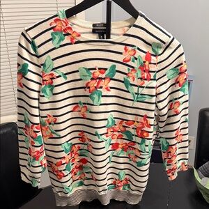 Lands' End Cream Sweater with Black Stripes and Floral Accents